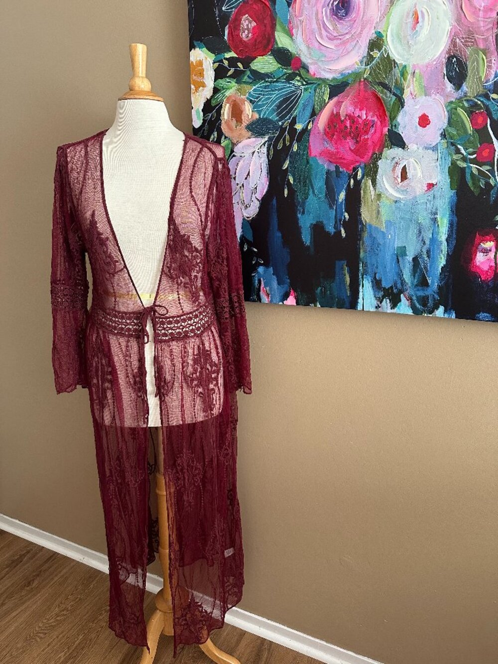 Ember Burgundy Lace Duster Cardigan Boho Sheer Long Kimono Size L NWT